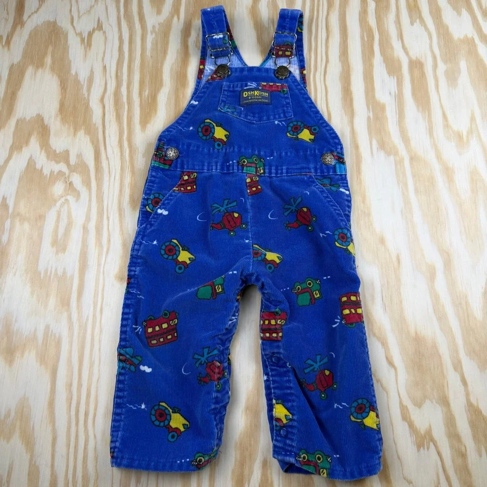 Vintage OshKosh Bgosh Blue Corduroy Vehicle Print Overalls 18 Months Made in USA